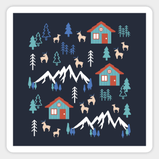 Winter Night Deer Forest Cabin II Magnet